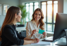 Femme d'affaires souriante avec un coffret cadeau coloré dans un bureau lumineux