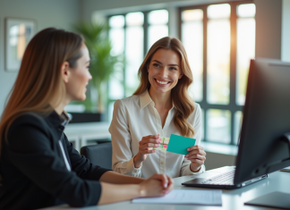 Femme d'affaires souriante avec un coffret cadeau coloré dans un bureau lumineux