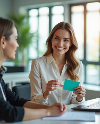 Femme d'affaires souriante avec un coffret cadeau coloré dans un bureau lumineux