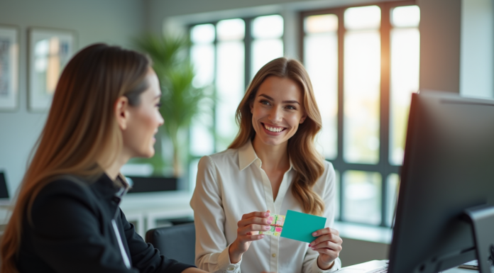 Femme d'affaires souriante avec un coffret cadeau coloré dans un bureau lumineux