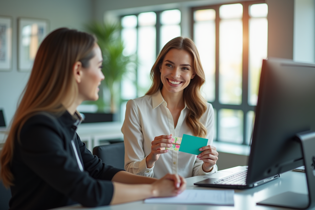 Femme d'affaires souriante avec un coffret cadeau coloré dans un bureau lumineux