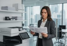 Le matériel d’impression : un pilier souvent négligé de la performance commerciale Femme d'affaires en blazer blanc et noir près d'une imprimante moderne