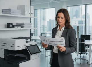 Le matériel d’impression : un pilier souvent négligé de la performance commerciale Femme d'affaires en blazer blanc et noir près d'une imprimante moderne