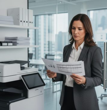 Le matériel d’impression : un pilier souvent négligé de la performance commerciale Femme d'affaires en blazer blanc et noir près d'une imprimante moderne