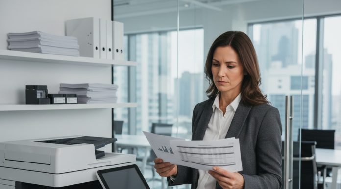 Femme d'affaires en blazer blanc et noir près d'une imprimante moderne