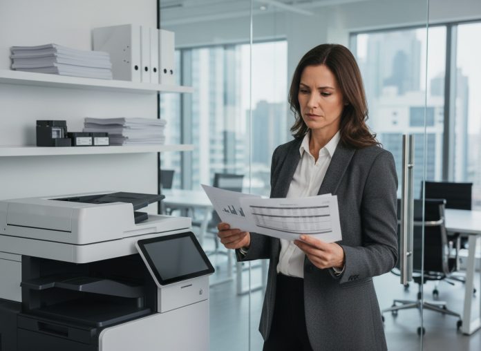 femme-affaires-impression-bureau Femme d'affaires en blazer blanc et noir près d'une imprimante moderne