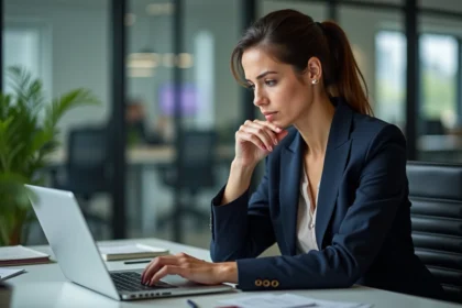 Femme d'affaires en costume navy regardant son tablet