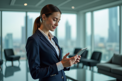 Femme d'affaires en costume dans un bureau moderne