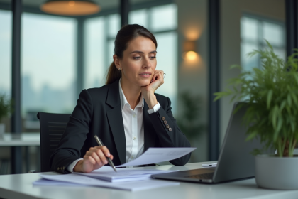 Femme d'affaires réfléchissant lors d'une réunion