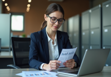 Femme d'affaires en réunion avec tablette et documents
