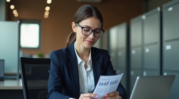 Femme d'affaires en réunion avec tablette et documents