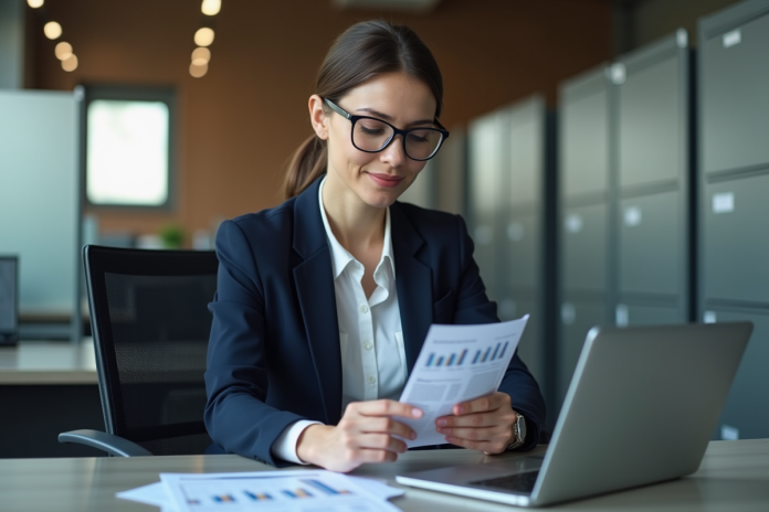 Femme d'affaires en réunion avec tablette et documents