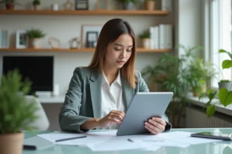 Jeune femme en blazer examine documents sur tablette