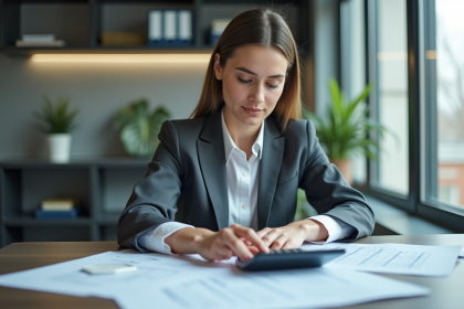 Femme d'affaires examinant des documents Urssaf au bureau