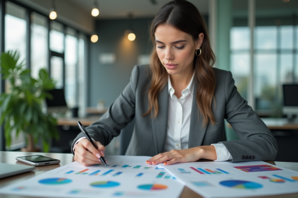 Jeune femme en bureau analysant des graphiques de budget