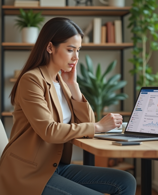 Prix pub Instagram : Quel budget prévoir pour une publicité ? Femme en blazer analysant ses statistiques Instagram dans un bureau lumineux