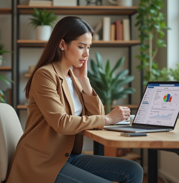 Femme en blazer analysant ses statistiques Instagram dans un bureau lumineux