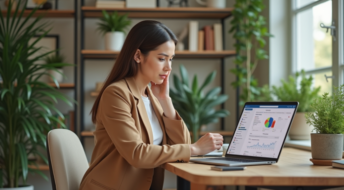 Prix pub Instagram : Quel budget prévoir pour une publicité ? Femme en blazer analysant ses statistiques Instagram dans un bureau lumineux