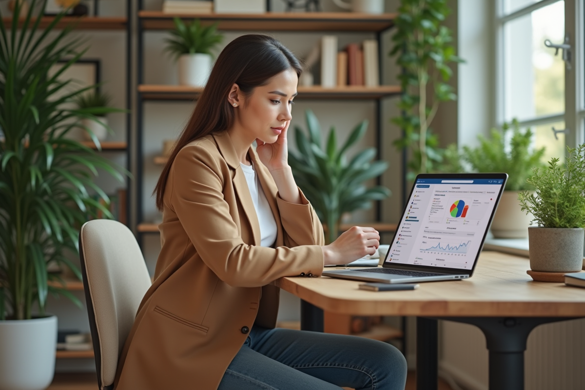 Femme en blazer analysant ses statistiques Instagram dans un bureau lumineux