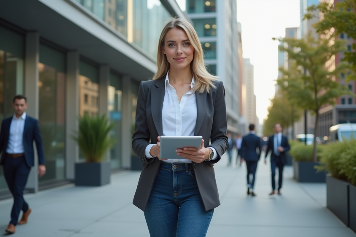 Jeune femme tenant un tablet avec analytics en extérieur
