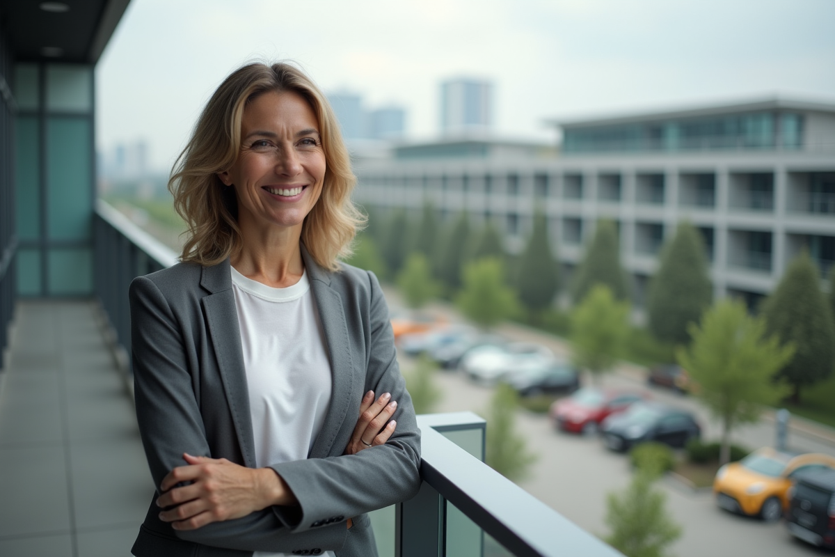 Femme confiante sur un balcon industriel moderne