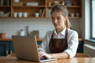 Femme en uniforme de boulangerie utilisant un ordinateur