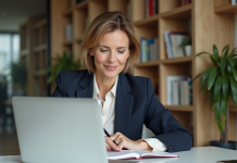 Femme concentrée au bureau dans un espace moderne