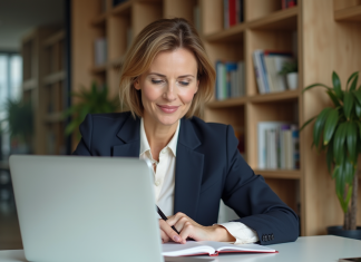 Femme concentrée au bureau dans un espace moderne