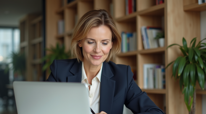 Femme concentrée au bureau dans un espace moderne