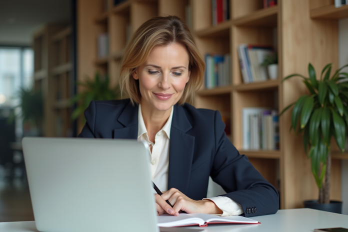 Femme concentrée au bureau dans un espace moderne