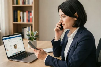 Femme au bureau à domicile cherchant le numéro de contact UPS sur son smartphone