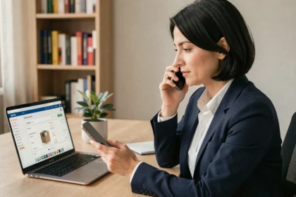 Femme au bureau à domicile cherchant le numéro de contact UPS sur son smartphone