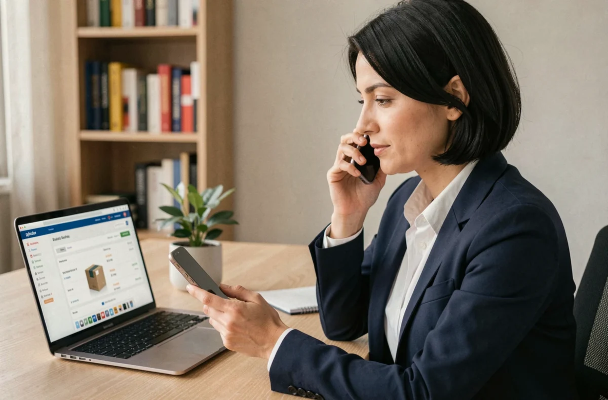 Femme au bureau à domicile cherchant le numéro de contact UPS sur son smartphone