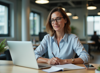 Outils de gestion relation client : comment les choisir ? Femme d'âge moyen en tenue professionnelle travaillant sur un ordinateur dans un bureau moderne