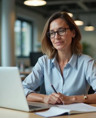 Femme d'âge moyen en tenue professionnelle travaillant sur un ordinateur dans un bureau moderne
