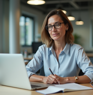 Outils de gestion relation client : comment les choisir ? Femme d'âge moyen en tenue professionnelle travaillant sur un ordinateur dans un bureau moderne