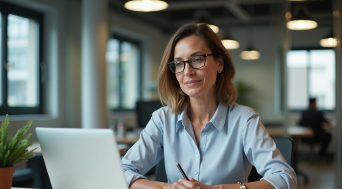 Femme d'âge moyen en tenue professionnelle travaillant sur un ordinateur dans un bureau moderne