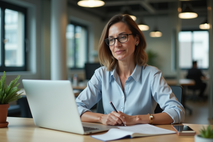 Femme d'âge moyen en tenue professionnelle travaillant sur un ordinateur dans un bureau moderne