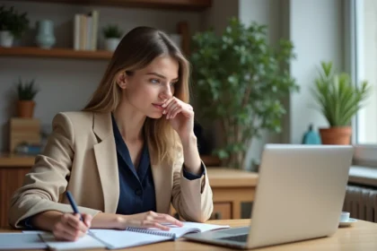 Jeune femme travaillant à domicile avec ordinateur et notes