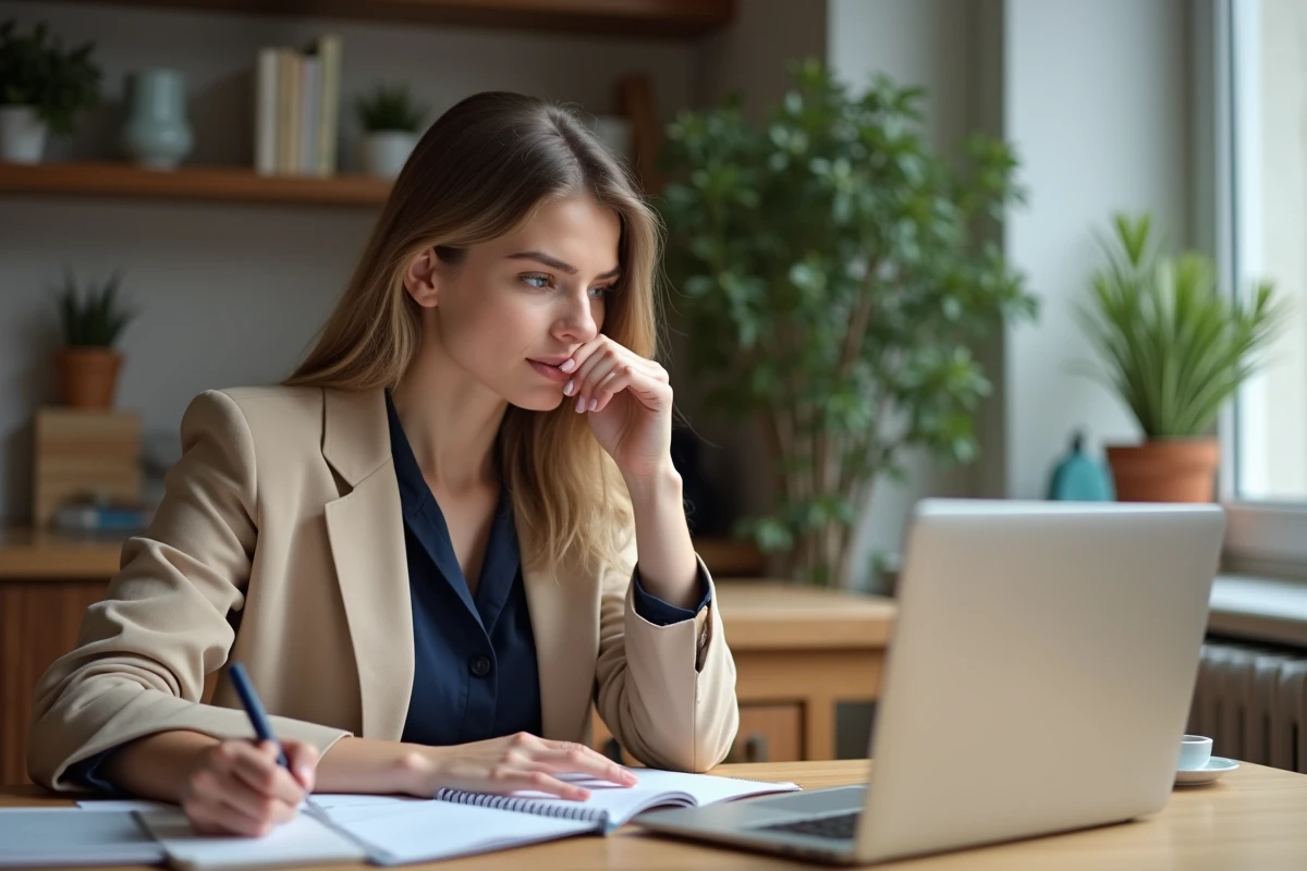 Jeune femme travaillant à domicile avec ordinateur et notes