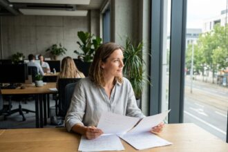 Femme concentrée travaillant près d'une grande fenêtre dans un bureau moderne et lumineux, ambiance productive et sereine