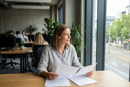 Femme concentrée travaillant près d'une grande fenêtre dans un bureau moderne et lumineux, ambiance productive et sereine