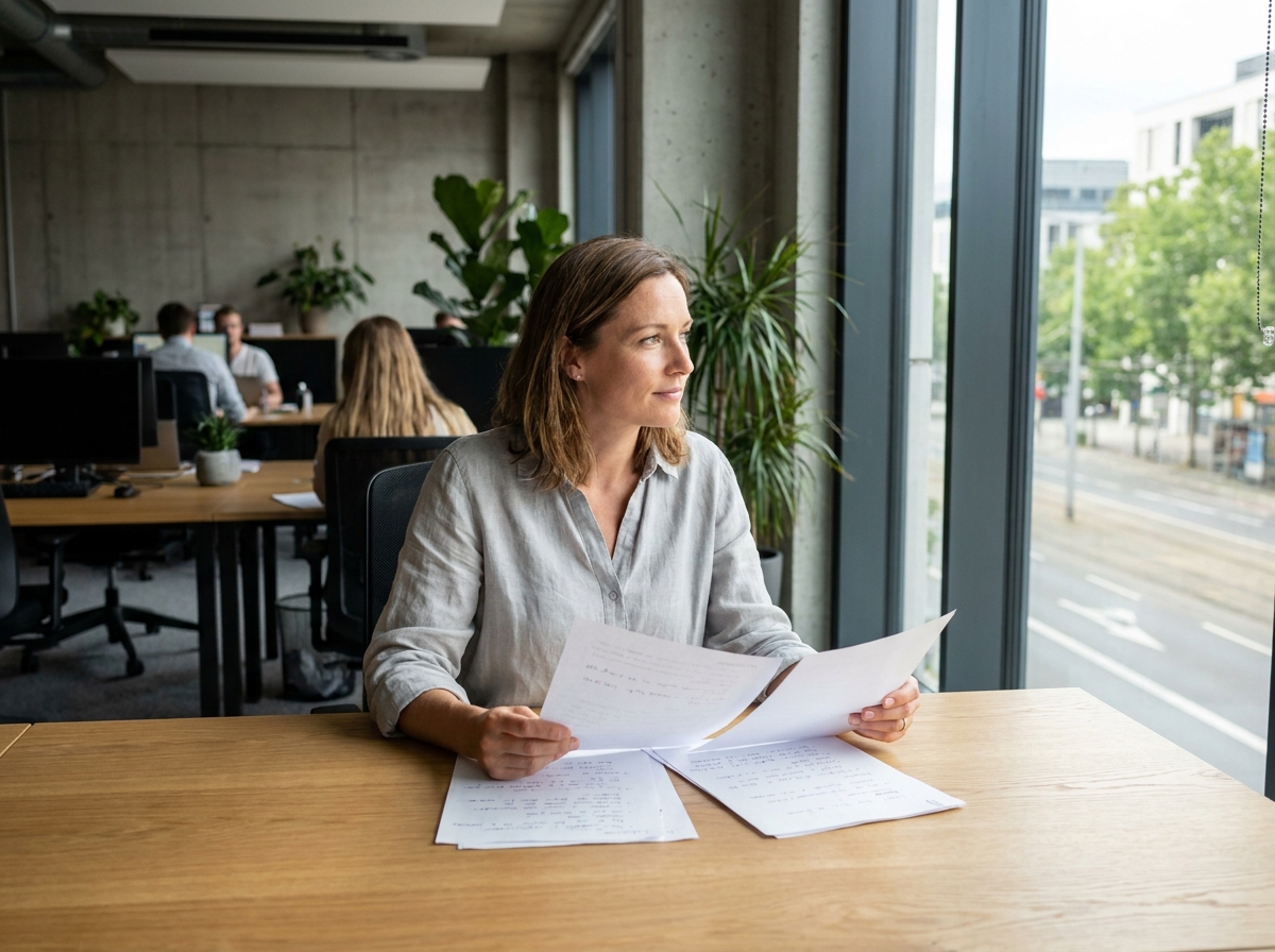 Femme concentrée travaillant près d'une grande fenêtre dans un bureau moderne et lumineux, ambiance productive et sereine