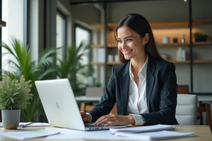 Femme d affaires au bureau examinant des documents financiers
