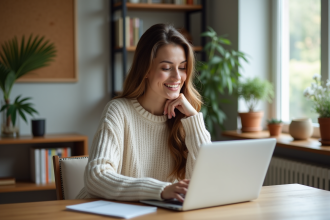 Jeune femme au bureau à domicile souriante et concentrée