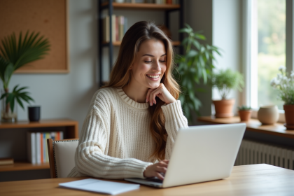 Jeune femme au bureau à domicile souriante et concentrée