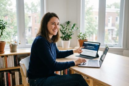 Jeune femme souriante utilisant un ordinateur dans un bureau moderne