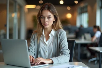 Jeune femme au bureau travaillant sur son ordinateur