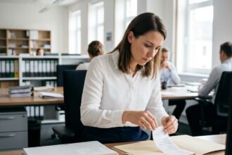 Femme professionnelle en bureau organisant des dossiers