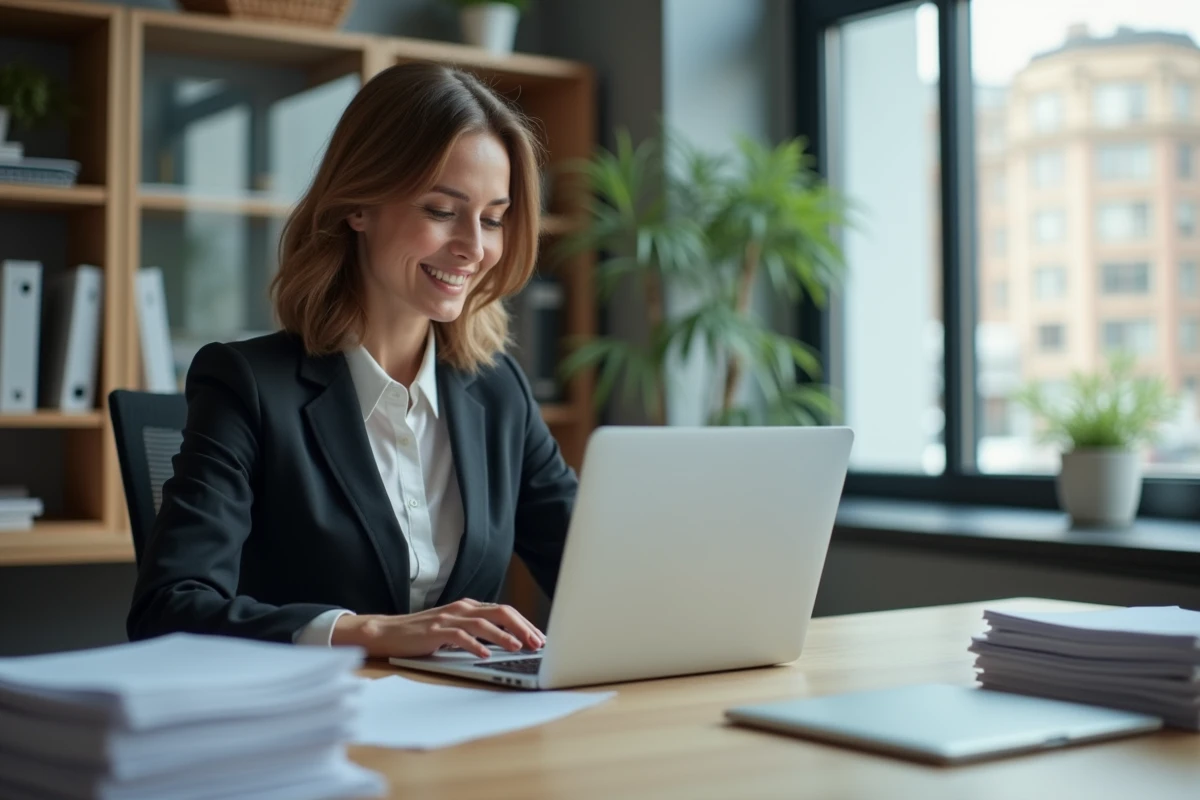 Femme d'affaires souriante au bureau moderne